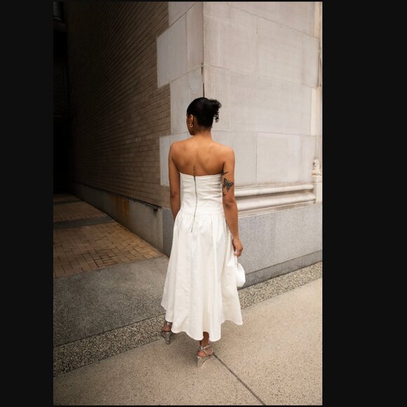 NWT OAK + FORT DROP WAIST STRAPLESS TWILL DRESS in Cream XS $108 - Picture 3 of 9